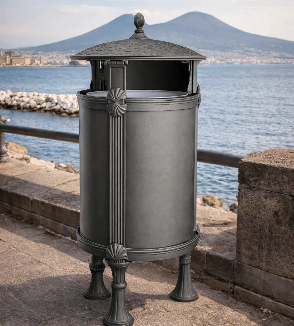 Cestino portarifiuti Palermo CS003 in fusione di alluminio con coperchio a cupola